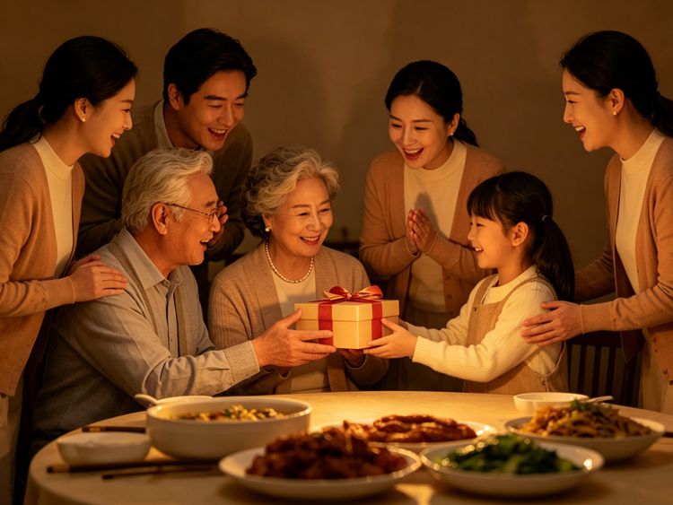 子女给父母送生日礼物 亲子温情祝寿画面 暖心尽孝场景