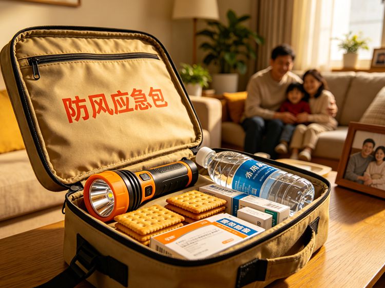 为父母准备的防风应急包，包含手电筒、水、食品和药品